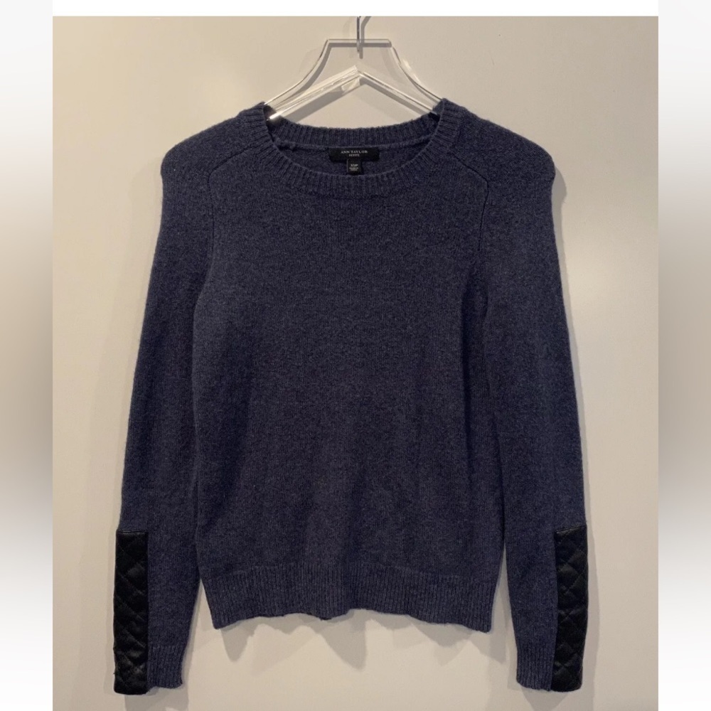 Ann Taylor Petite Blue Wool Alpaca‎ Blend Sweater Quilted Faux Leather Trim XSP